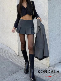 KONDALA Vintage Dark Grey Mini Skirts Women Ruffles Pleated Sexy Shorts Skirts Female Fashion 2024 Streetwear Mujer Faldas