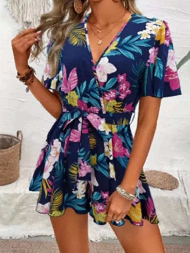 Loose High Waisted Short Sleeve Jumpsuit V-neck Printed Women Jumpsuit Beach Vacation Comfortable Summer Clothes