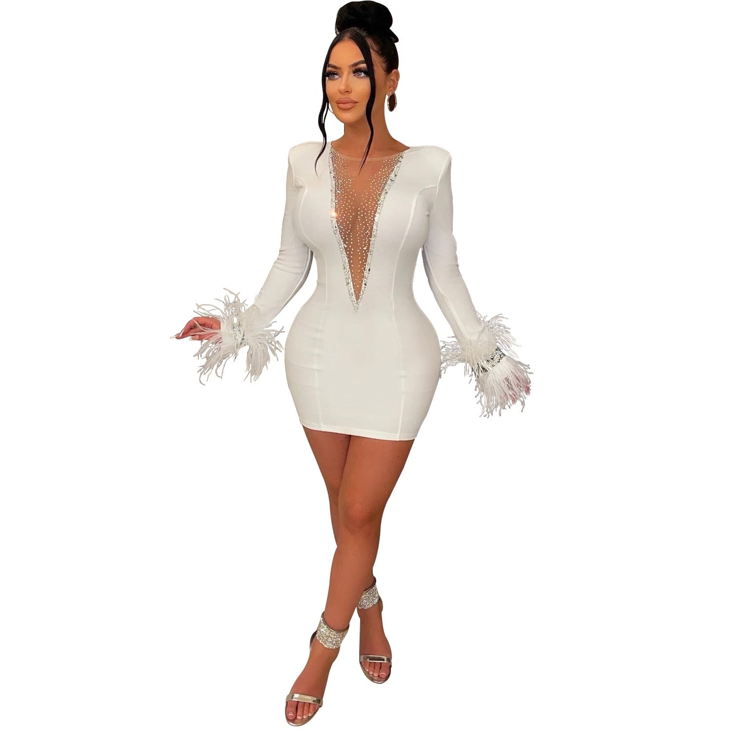 Feather Rhinestone Mesh Bodycon Mini Dress Women Night Club See Through Outfits Party Evening Sexy Diamond Prom Short Dresses