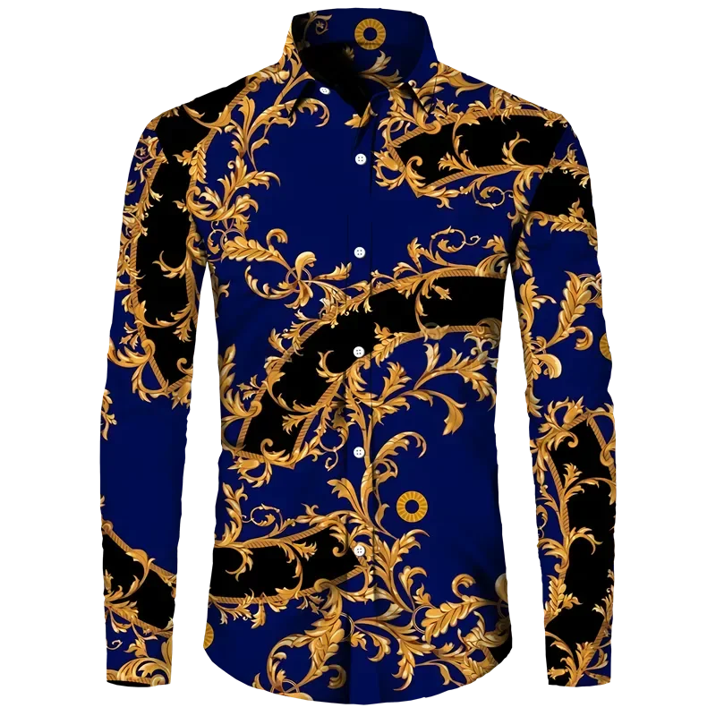 Fashion Luxury Golden Flower Print Men's Shirts Baroque Style Short/Long Sleeve Lapel Button Up Tops Social Hawai Party Cardigan