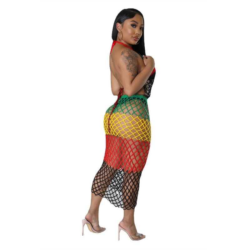 Rainbow Color Hand Knitted Bikini Cover Ups Women Sexy Hollow Out Fishnet Lace Up Halter Backless Holiday Summer Beach Dress