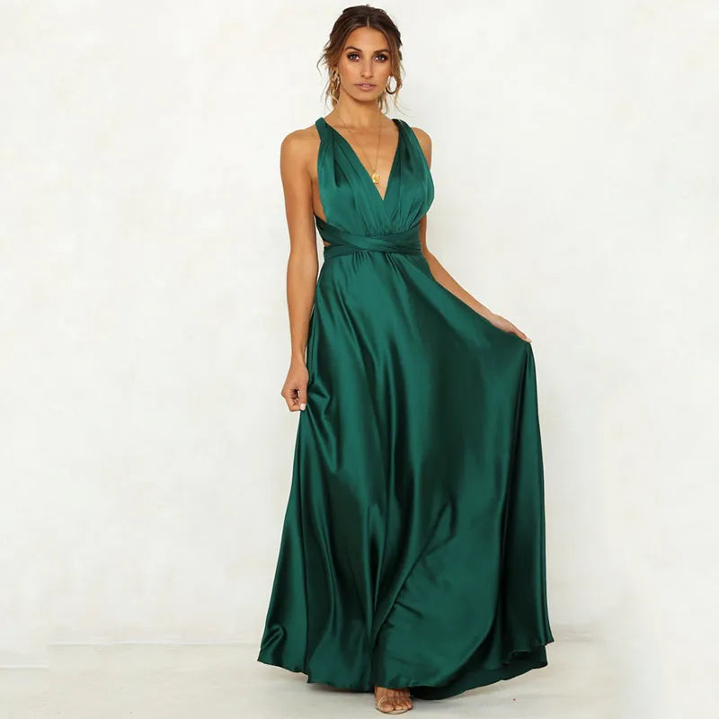 Summer Women Elegant Satin Evening Dresses Solid Fashion A-line V Neck High Waist Bandage Sexy Women's Luxury Long Slip Dress