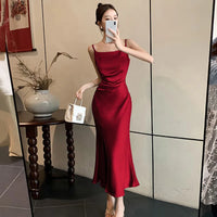 Summer Red Blue Satin Fishtail Sling Dress Women Clothes