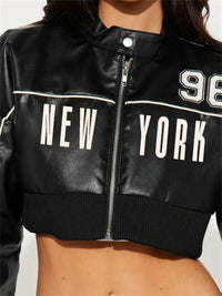 kliou Letter PU Patchwork Women Coats New Hipster Button Zip-up Full Sleeve Crop Jackets Trend Cool Street Outwear Spring New