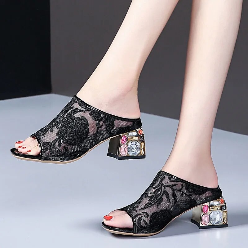 Women's Sandals Ladies Pumps Mesh Square Heel Summer Shoes Slipper Fashion Sexy Slip On Flower Women Comfortable Female Footwear