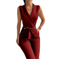 Women Jumpsuits Pants Sleevless V-neck Buttons Pocket Slim Elegant Bodysuits Rompers Outfits Trousers Causal Ladies Overalls