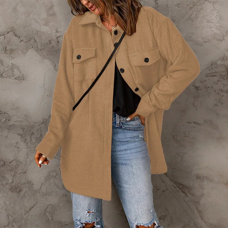 Winter Women Woolen Coat Top Elegant New 2024 Fashion Long Sleeve Turn Down Collar Single Breated Pocket Loose Jacket Outwear