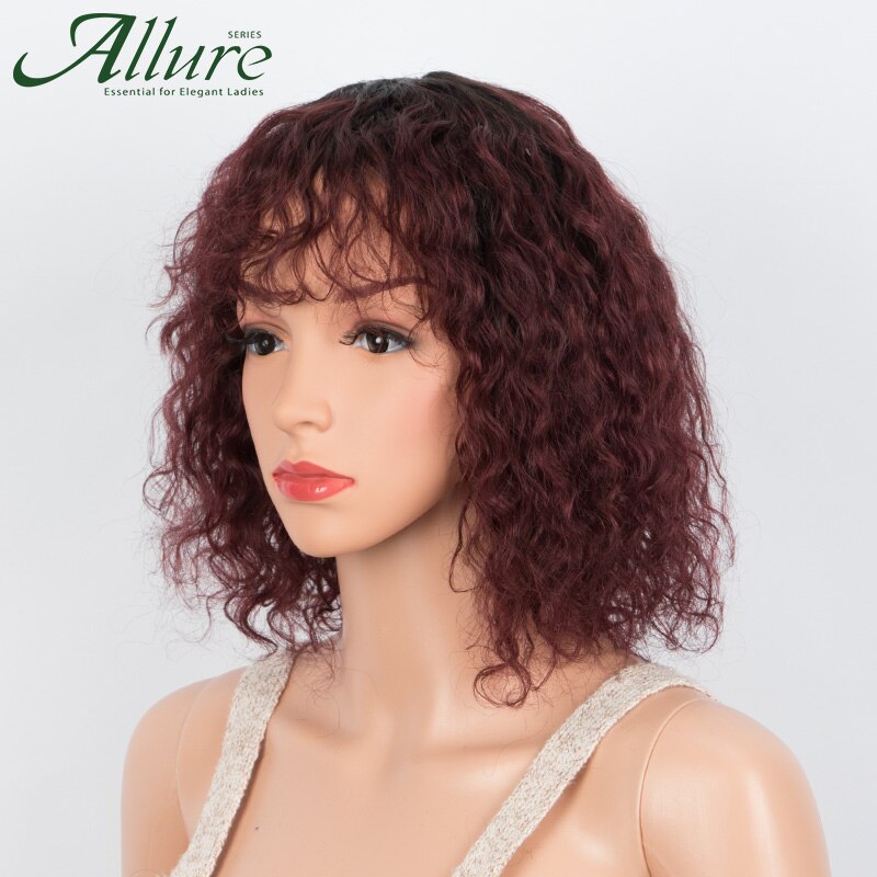 Short 99J Jerry Curly Bob Human Hair Wig With Bangs Black Women Natural Colored Glueless Kinky Curly Brazilian Hair Wig Allure