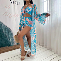 2023 Sexy New 3 Pcs Long Sleeve Bikini Cover Up Swimwear Women Beach Wear High Waist Shorts