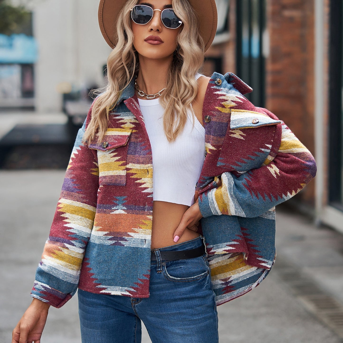 Vintage Jacket Women Splicing Loose Jacket Denim Print Aztec Retro Ethnic Style Long Sleeved Shirt Streetwear Female Goth Coat