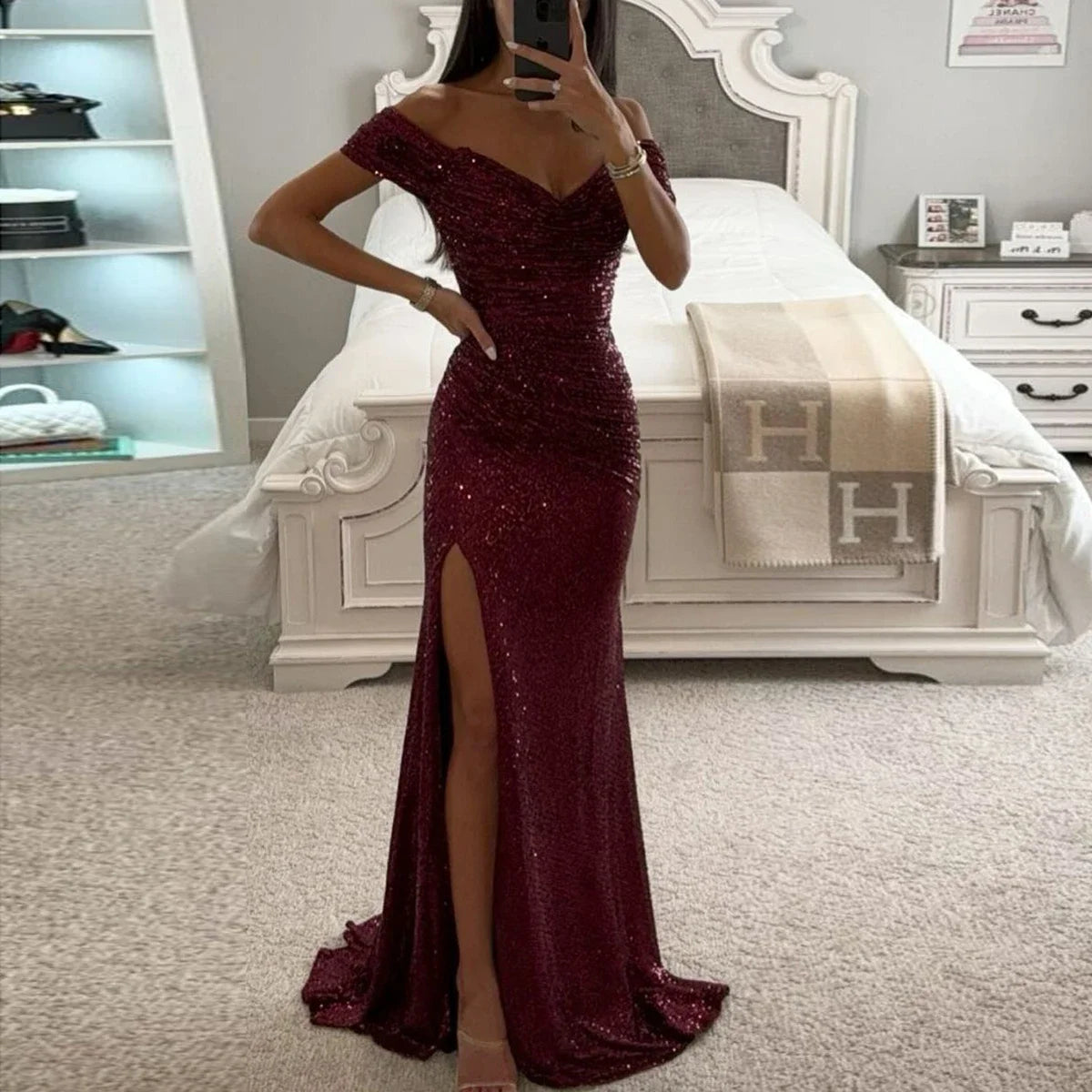 New Women Vintage Sequined V Neck Off Shoulder Slim Sexy Split Long Dress Evening Party Maxi Dresses Party Sequin Dress
