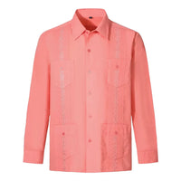 2026 New Men's Guayabera Shirts Four Pockets Embroidered Long Sleeve Shirts for Men Blue Mexican Cuban Button Dress Shirt