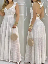 Women's Yellow Polka Dot Maxi Dress Ruffled Neckline Back Tie Side Slit Ideal for Summer Vacations and Bohemian Gatherings