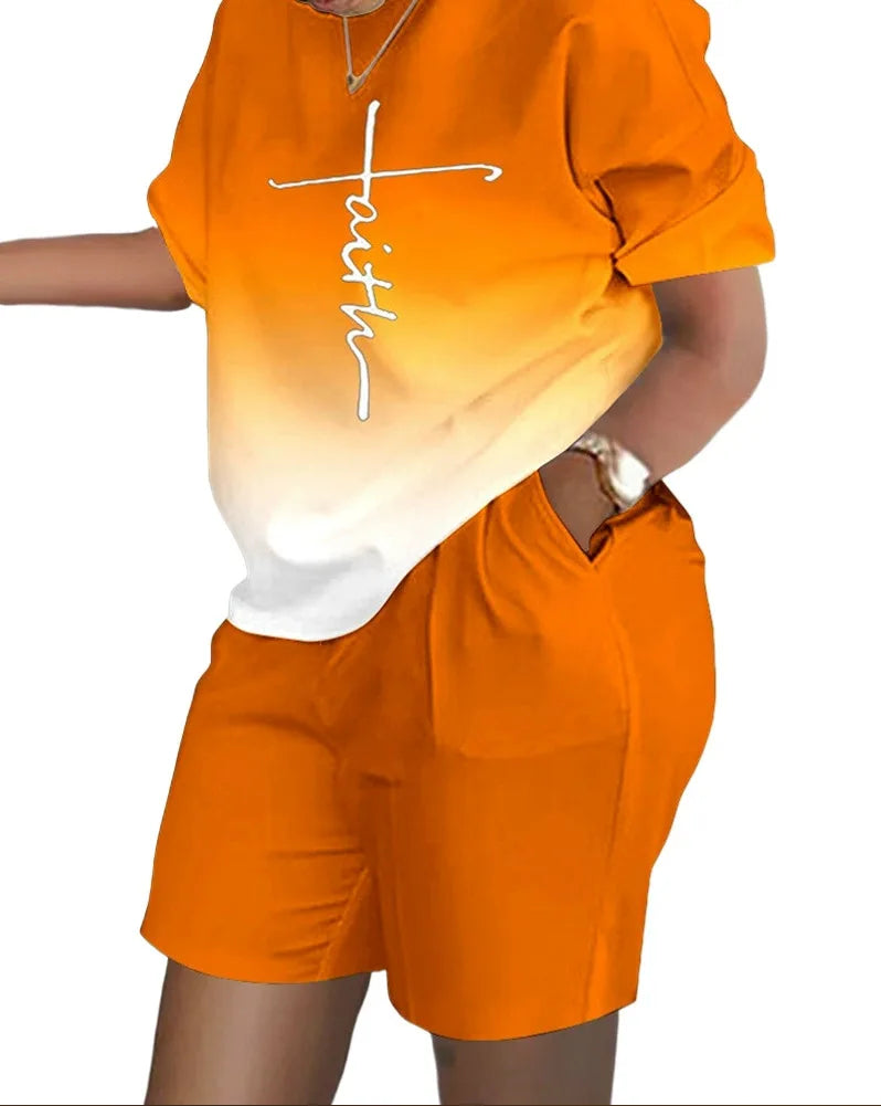 Women Print Two Piece Shorts Sets Matching Sets Short Sleeve T Shirts Pockets Elastic Waist Trousers Y2k Tops Suits Summer 2025