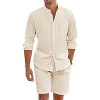 Summer Men's Casual Sets Breathable Cotton Linen Vintage Stand Collar Shirts+Shorts Sets Men Comfortable Breathable Beach Suits