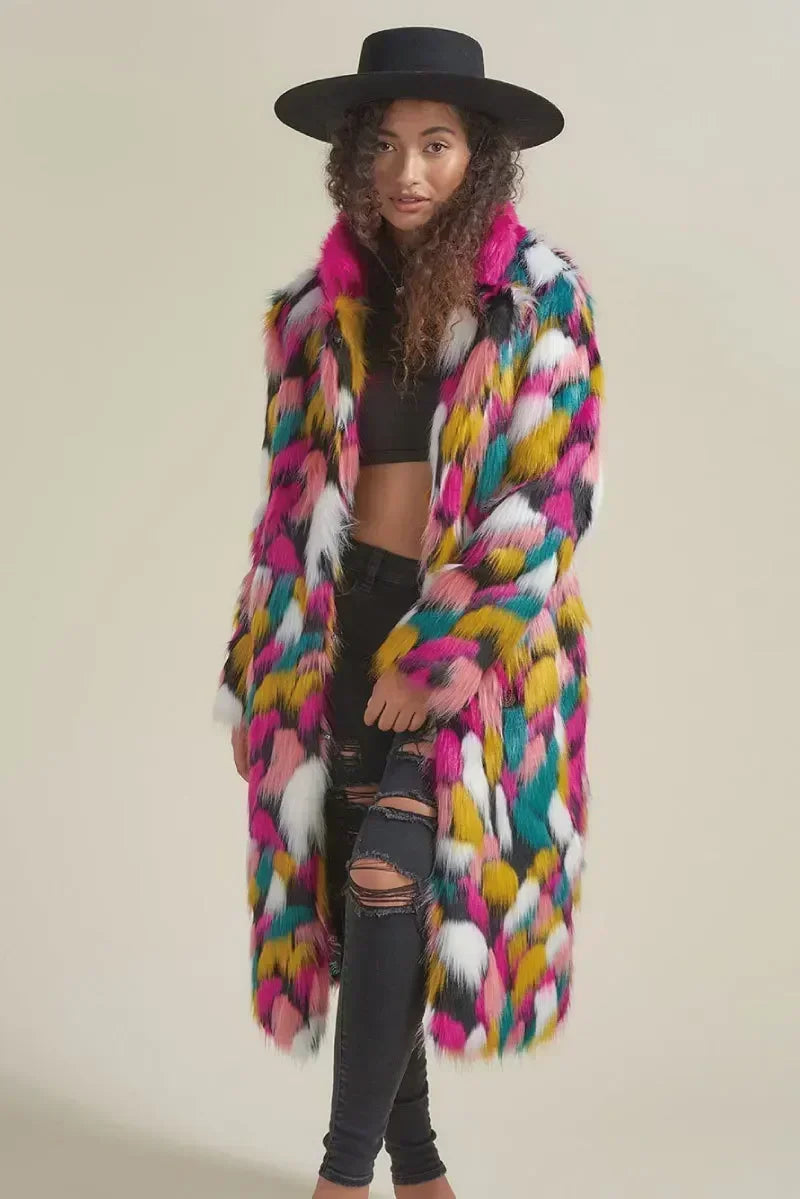 Women Faux Fur Long Coat Rainbow Colorful Fashion Faux Fox Fur Autumn Winter Lady Casual Street Warm Quality 2023 Cloth