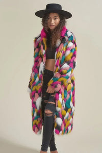 Women Faux Fur Long Coat Rainbow Colorful Fashion Faux Fox Fur Autumn Winter Lady Casual Street Warm Quality 2023 Cloth
