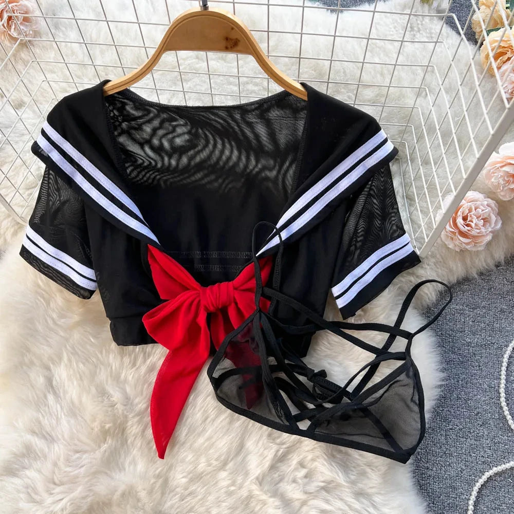 New Sailor Japanese Style Sweet Erotict Suits Female Short Sleeve Bow TieTops+Pleated Mini Skirt Lingerie Women Sheer Sexy Sets
