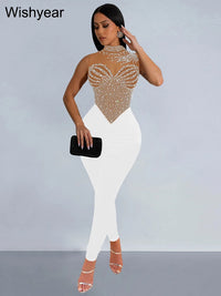 Wishyear Sparkle Pearls Rhinestones Patchwork Long Pants Jumpsuits Women's Sleeveless Night Out Rompers Birthday Evening Outfits