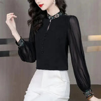 Spring Women Clothing Chiffon Shirt Stand Collar Embroidered Button New Chinese Style Fashion Elegant Long Sleeve Loose Tops