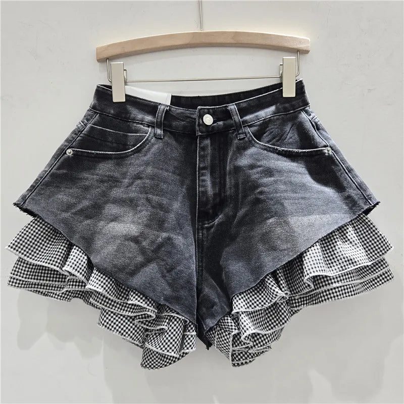 Jeans Shorts Women Vintage Denim Short Pants High Waist Detachable Hem Plaid Cloth Distressed Washed Streetwear Summer Denims