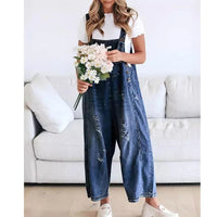 Women Denim Jumpsuits and Rompers Vintage Ripped Hole Wide Leg Jeans Overalls Ladies Casual Playsuits