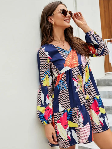 Fashion V Neck Print Dress Women Casual Loose Long Sleeve Beach Party Mini Dresses Elegant Female Holiday Vestidos Autumn Winter