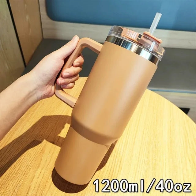 40oz 304 stainless steel vacuum insulated water cup with handle, straw cover, car portable sports travel cup leak proof design