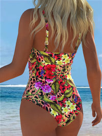 Women's Tropical Leopard Print One Piece Swimsuit, Cutout Tie Knot Bikini Style Bathing Suit, High Cut Beachwear for Summer Vaca