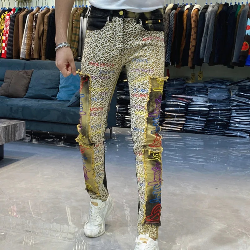 Men's Letter Embroidery Jeans New Punk Motorcycle Pants Jean Homme Elastic Slim Fit Versatile Jean For Men Hip Hop Jean Hombre