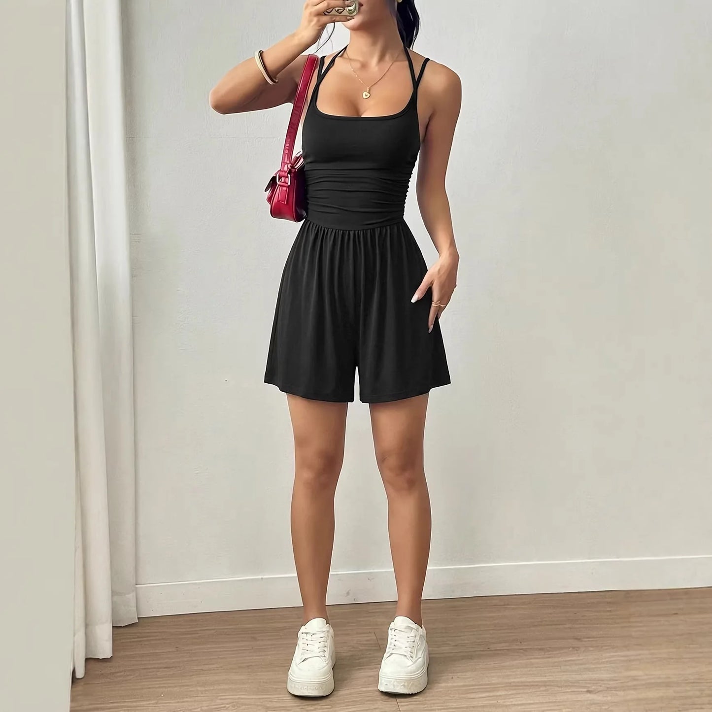 Spring And Summer Women's Fashionable Sleeveless Jumpsuit, Casual Adjustable Shoulder Strap Pleated Slim Short Jumpsuit