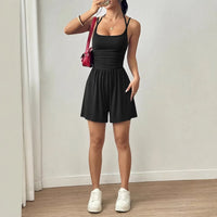 Spring And Summer Women's Fashionable Sleeveless Jumpsuit, Casual Adjustable Shoulder Strap Pleated Slim Short Jumpsuit