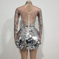 Women Dancer Team Performance Costume Sexy Stage Wear Glitter Silver Crystal Sequin Bodysuit Mini Short Dress Club Party Clothes