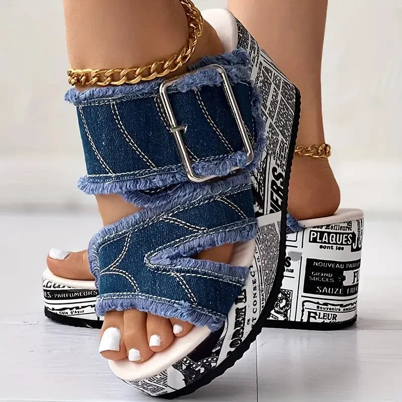 Women Sandals Casual Fashion Vacation Daily Shoes Women Summer New Buckled Denim Platform Wedge Sandals Women Zapatos De Mujer