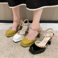 rivet platform heels sandals Mary Jane Shoes Buckle Pumps Women Elegant Shallow Square Toe Footwear Outdoor Lady Shoes white