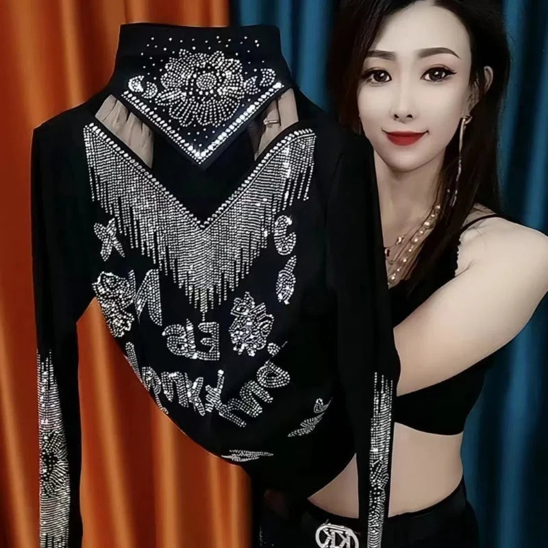 Spring Autumn New Elegant Hollow Out Half High Neck T-shirt Fashion Solid All-match Bottoming Shirt Casual Office Women Clothing