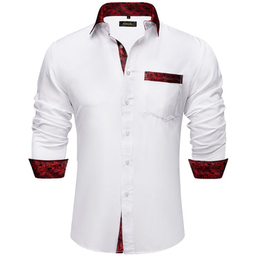 Luxury White Red Dress Shirts for Men Clothing Long Sleeve Tuxedo Social Casual Splicing Paisley Collar Cuff Mens Shirt