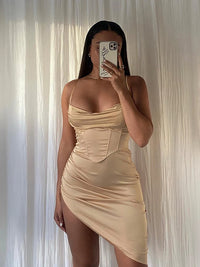 Fashion Women's Sexy Dresses Summer Sleeveless High Waist Suspenders Dress Popular Folds Irregular Solid Party Evening Dress New