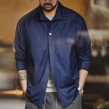 Maden Men Solid Color Denim Blue Shirt Loose Turn-down Collar Long-sleeved Shirt Mens Spring Coat Loose Comfortable Clothes
