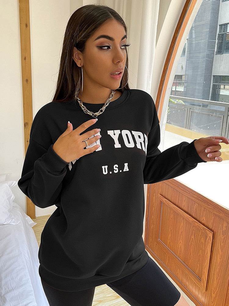 New York USA Letter Prints Womens Sweatshirts Vintage Hip Hop Casual Long Sleeves Street Fashion Clothes All-match Woman Hoodies