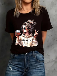 Streetwear 90s Women'S Casual Graphic T-Shirt  "Dramatic" Print with Wine Print Short Sleeve T Shirt Clothing Top Tee