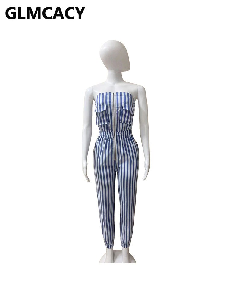 Women Casual Striped Jumpsuit Slim Zipper Front Tube Jumpsuit Overalls