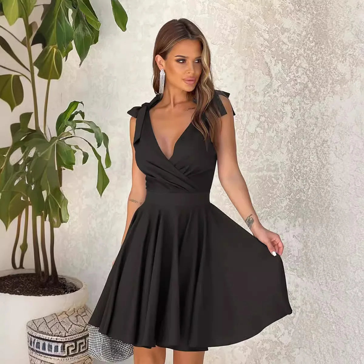 Summer Mini Dress For Women Sexy Deep V-neck Cross Bowknot Strap Party Club Vestidos Female Elegant Ladies A-line Dresses Black