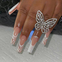 24pcs False Nails with glue flower design Long Coffin French Ballerina Fake Nails Full Cover acrylic Nail