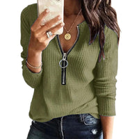One-Handed Pullover Zipper Style Women's Shirt Long Sleeve Knitted Pure Color Casual Fashion Ladies' Top
