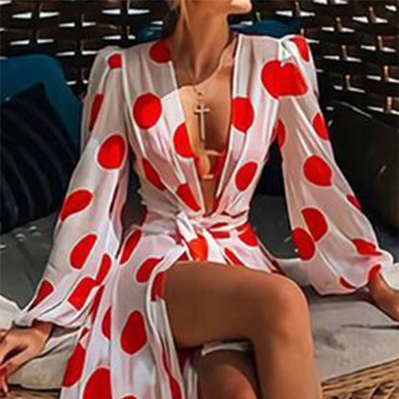 Yeezzi 2023 Polka-Dot Floral-Print Puff Sleeves Tunicshang Maxi Dress Sexy Deep V Beach Bohemia Dresses For Women