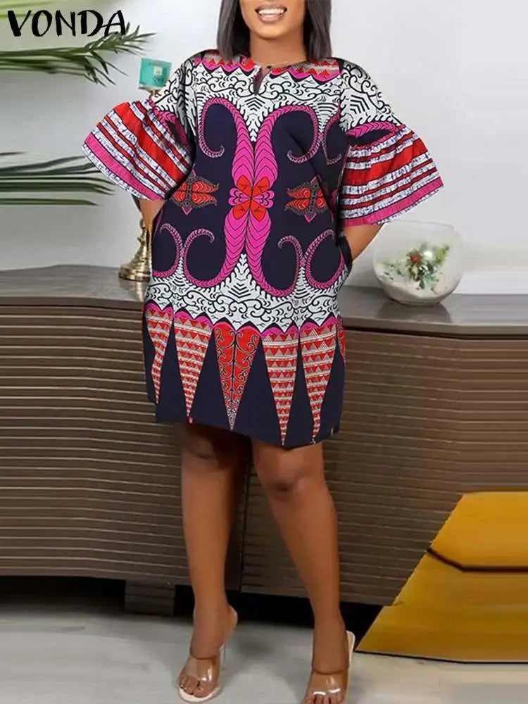 Plus Size 5XL VONDA Women Dress 2024 Fashion O-neck Elegant Mini Dresses Casual Half Flared Sleeve Sundress Bohemian Vestidos