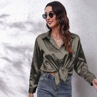 Women Satin Shirt 2023 Summer Silk Office Work Button Lapel Long Sleeve White Shirt Formal Dress Retro Casual Loose Solid Color