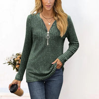 Women's Chest Zipper Pleated Long Sleeve T-Shirt Top Commute Style Iron-Free Processing Pure Color Other 100% Fabric