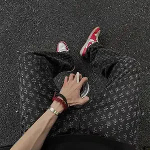 European American Men's Summer Jacquard All-over Printed American Jeans Thin Slim Fit Straight-leg Bootcut Pants